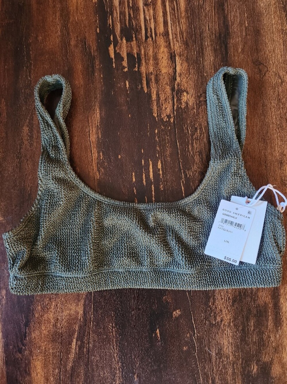 Good American Crinkle Bikini Top Fatigue Green L/XL NWT